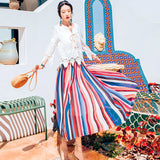 Coachella Music Festival Outfits High Waist Slimming Rainbow Striped Pleated Mid-Length Skirt