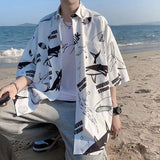 Men Shirts Full Printed Letter Print Short-Sleeve Lapel Shirt Loose