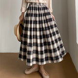MIDI Mauve Skirt Autumn Stitching Skirt Elastic Waist Loose Casual Plaid A- line Dress