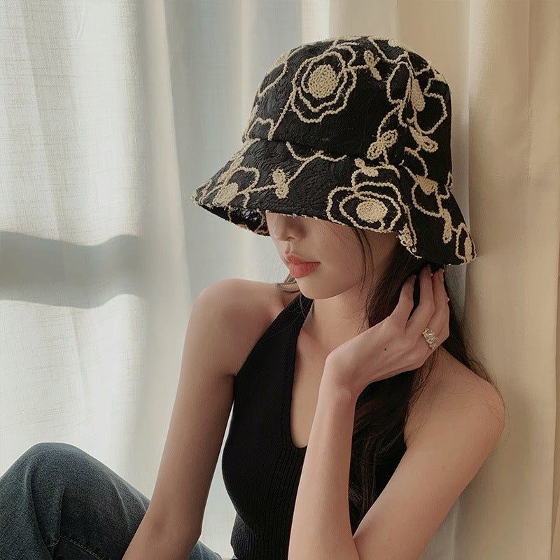Women Bucket Hat Large Brim Fisherman Breathable Lace Screen Flowers