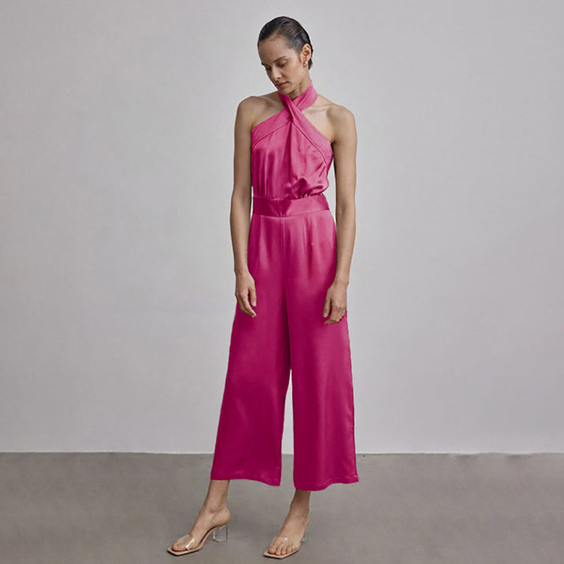 Gloria Vanderbilt Cross Collar Halter High Waist Jumpsuit Wide Leg