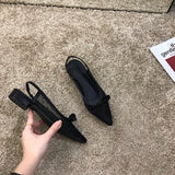 Nude Low Block Heel Flat Bag Bow