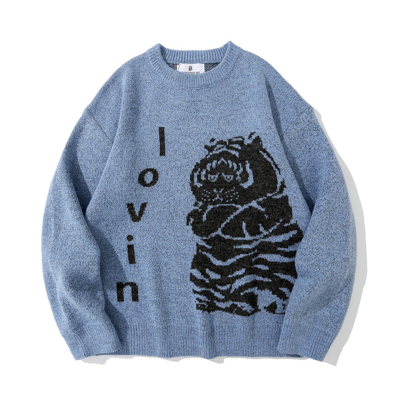 Men Sweater Cartoon Jacquard Sweater Men Fashion Brands round Neck Sweater Loose Pullover