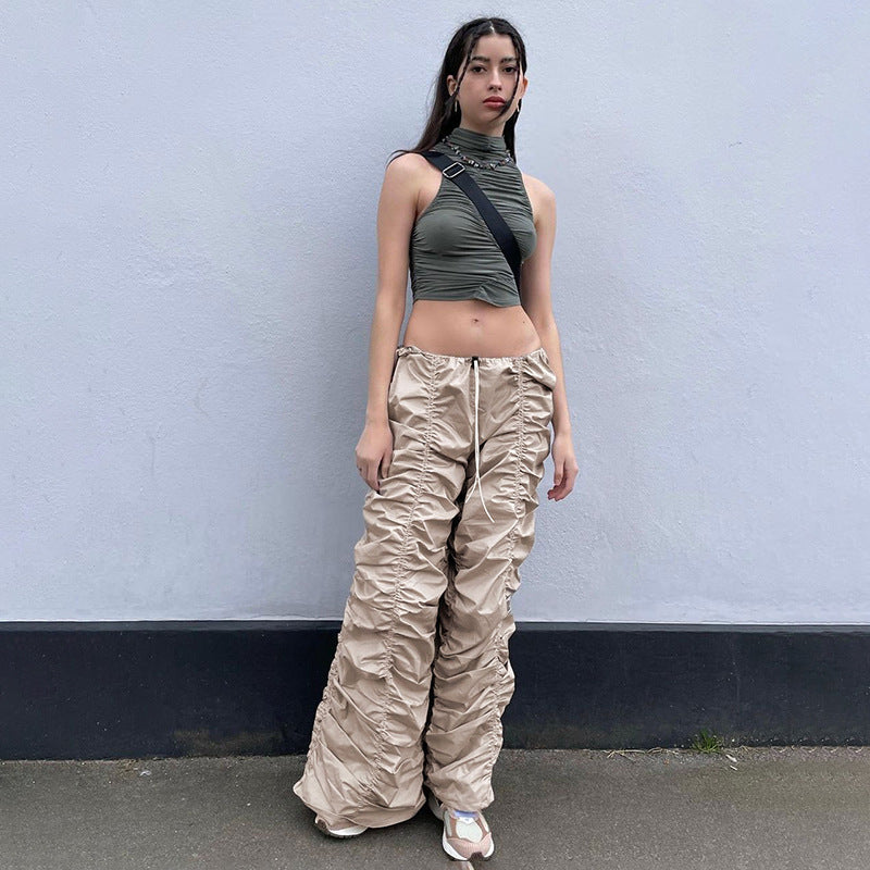 Julia fox low rise jeans: hot girl style personality pleated  low waist  loose and thin straight pants waist tie casual pants