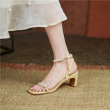 Nude Low Block Heel Stringed Pearls Word with Chunky Heel