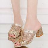 High Heels Women Summer Lace Sequined Mid Heel Peep Toe Sandals