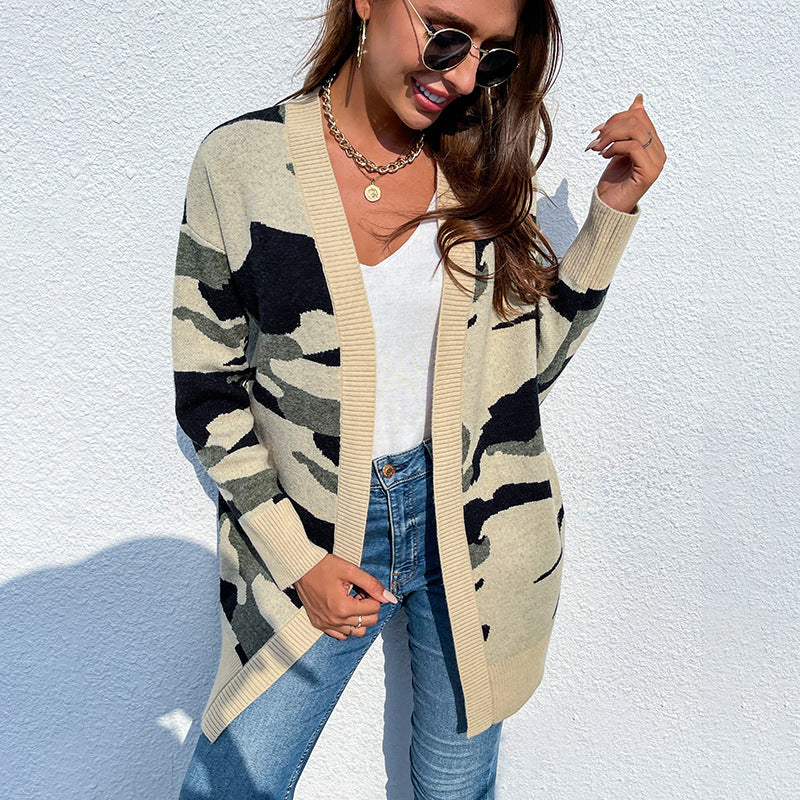 Women Cardigan Knit Sweater Drizzling Autumn and Winter Sweater Women's Long Camouflage Sweater Cardigan