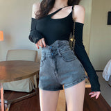 Women Jean Shorts Spring Woven Waist Wash Design Elastic Slim Fit
