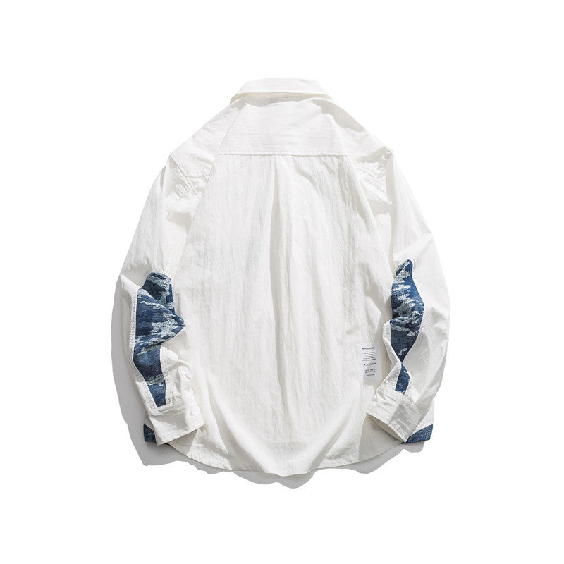 Man Fall Outfis Vintage Contrast Color Stitching Long-Sleeved Shirt Leisure Cargo Shirt
