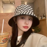 Women Bucket Hat Double-Sided Fisherman Checkerboard Black Sun-Proof