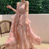Coachella Music Festival Outfits Long Dress Summer Seaside Vacation Floral Strap Dress