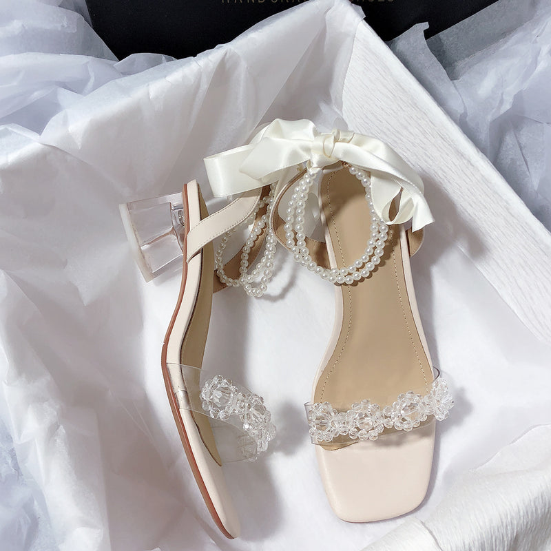 Nude Low Block Heel Bow Rhinestone Holiday Sandals