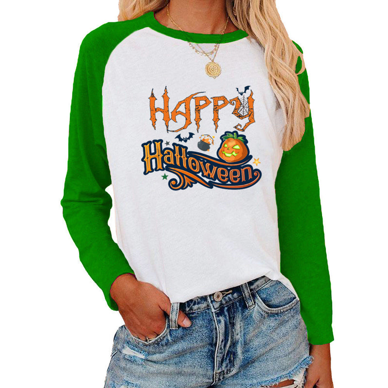 Halloween Costumes Pattern Printed Raglan Color Contrast Long Sleeve T-shirt Women