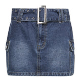 Coachella Music Festival Outfits Sexy Hot Girl Belt Solid Color Low Waist Denim Loose Skirt