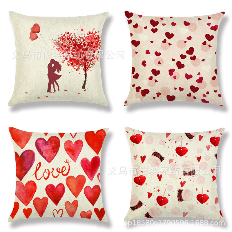 Valentine's Day Pillow Covers 4 Piece Random Styles Together, Red Peach Heart Couple Linen Cushion Love Tree Lumbar Cushion Cover