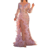 Long Homecoming Dresses Sexy Hip Sequin Pink Mesh Evening Dress