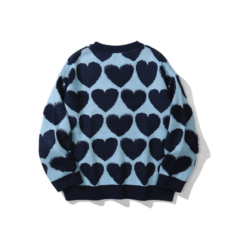 Men Sweater Contrast Color Heart Jacquard Sweater Men's Street Tide Brand Loose round Neck