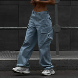 Julia Fox Low Rise Jeans Women's Fashion Blue Big Pocket Profile Jeans Loose Cargo Pants