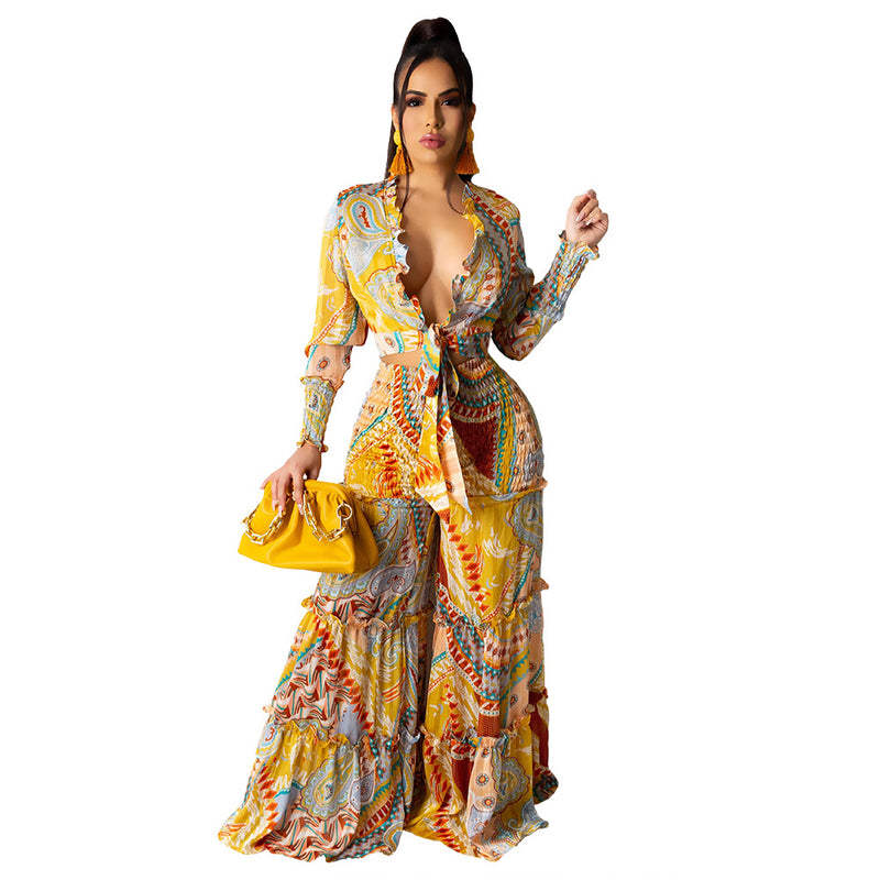 Gypsy Style Dresses Chiffon Printed Long Sleeve Wide Leg