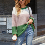 Women Pullover Knit Sweater Autumn And Winter Women 'S Striped Stitching Contrast Color Knitwear