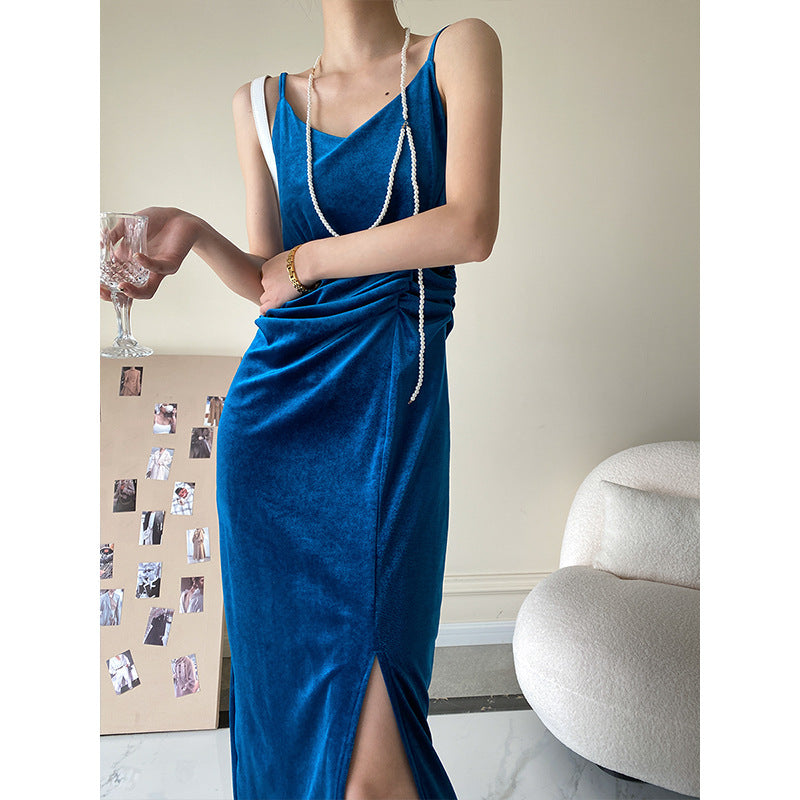 Blue Velvet Dress Split Suspender Skirt