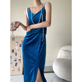Blue Velvet Dress Split Suspender Skirt