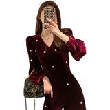 Long Sleeve Burgundy Dress Formal Red Temperament Midi Dress Pleuche Dress