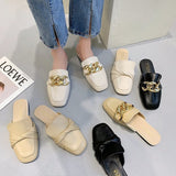 Finn Chain Pointed Toe Mule Closed Toe Half Slippers Women's Summer Outdoor Casual Square Toe Flat Bottom Lazy Half Slippers