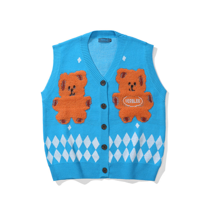 Men Sweater Cartoon Bear Embroidery Knitted Cardigan Vest Men's Outer Vest