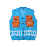 Men Sweater Cartoon Bear Embroidery Knitted Cardigan Vest Men's Outer Vest