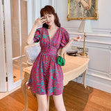 MIDI Mauve Wrap Dress French Style Vintage Floral Dress Women Summer V-neck Skirt