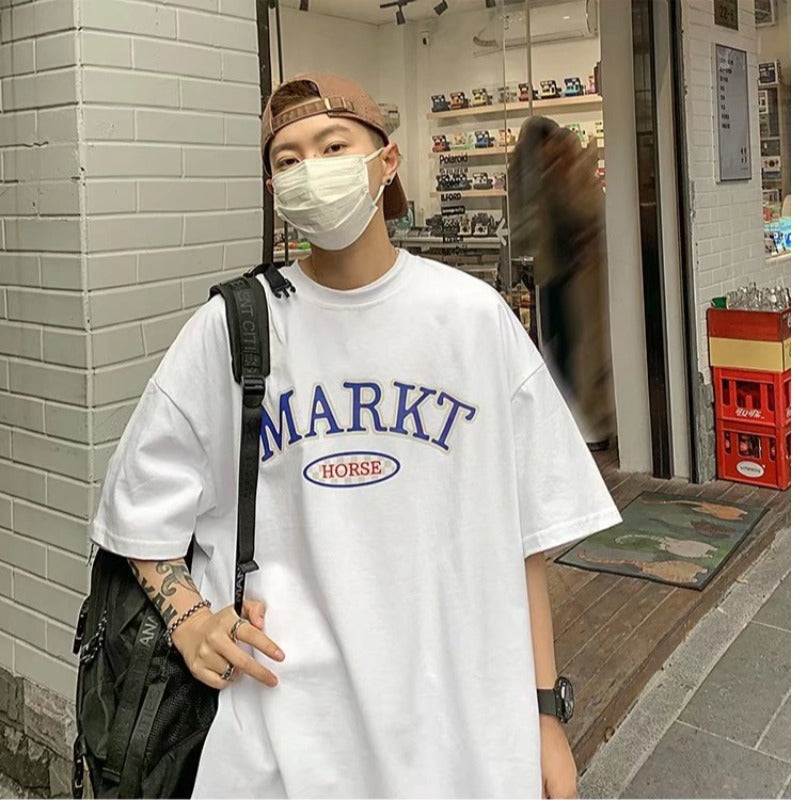 Men T-Shirts Loose White round Neck Printing