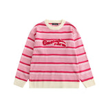 Men Sweater Embroidered Letter Patch Striped Sweater Men's Loose round Neck Pullover