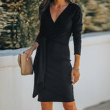 MIDI Mauve Wrap Dress Autumn and Winter V-neck Slim Sexy Fashion Belt Dress