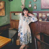 Coachella Music Festival Outfits Vintage Printed round Neck Long Sleeve Big Hem Dress