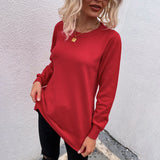 Women Pullover Knit Sweater Women's Autumn and Winter Sweater Women's round Neck Button Pure Color Split Knitwear