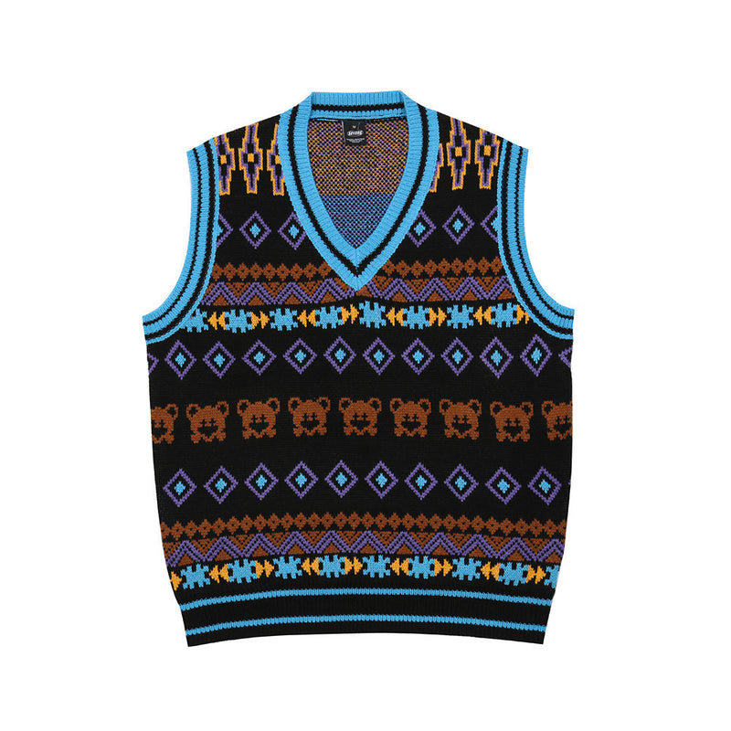 Men Sweater Contrasting Color Jacquard Knitted Waistcoat Men's Loose V-neck Sleeveless Sweater