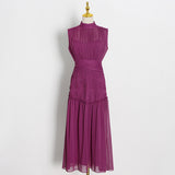 Mauve Dress Women's Autumn Chiffon Small Stand Collar Solid Color Stitching Dress