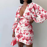 MIDI Mauve Cocktail Dress Autumn Puff Sleeve V-neck Elegant Slim Print Dress
