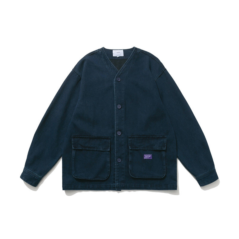 Men's Denim Jackets Solid Color Jacket Men's Stone Washed Patch
