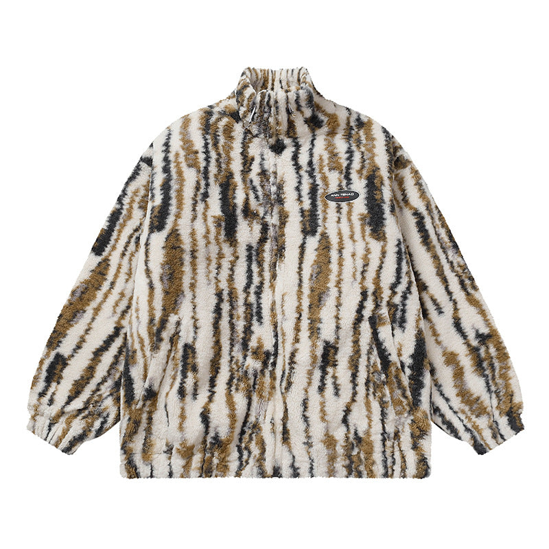 Cardigan Baseball Jacket Autumn and Winter Stand Collar Animal Pattern Lamb Wool Coat