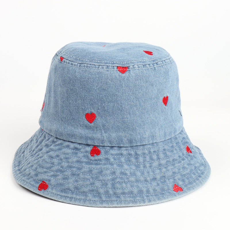 Denim Bucket Hat Fishing Cap Cotton Print Fisherman Hat Red Love Heart Embroidery Vintage Fashion