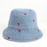 Denim Bucket Hat Fishing Cap Cotton Print Fisherman Hat Red Love Heart Embroidery Vintage Fashion