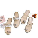 Women Open Toe Sandals Flats Pineapple Summer Pearl Rivets Flat Toe Ring Slippers