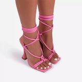 Hot Pink Heels Spring Women's Lace-up Solid Color Open Toe Peep Toe Stiletto Heel Sandals