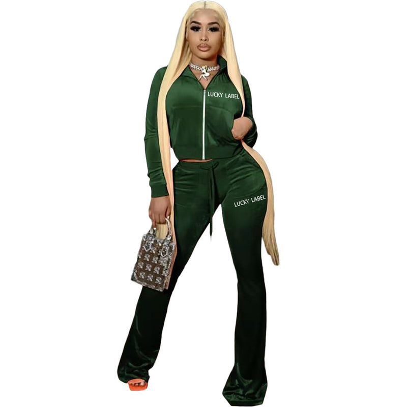 Velour Tracksuit Sexy Letters Embroidery Exposed Navel Bell-Bottom Pants Two-Piece Suit
