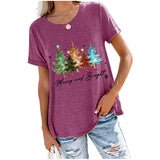 Merry and Bright Sweatshirts Christmas Tree Printed Casual Short Sleeve