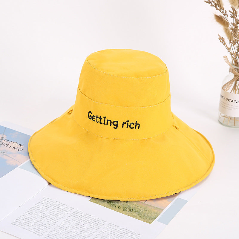 Women Bucket Hat Embroidered Big Brim Double-Sided Sun Protection Sunshade