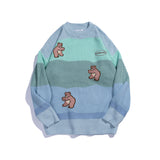 Man Fall Outfits Rainbow Striped Bear Embroidered Sweater Men's Loose Sweater