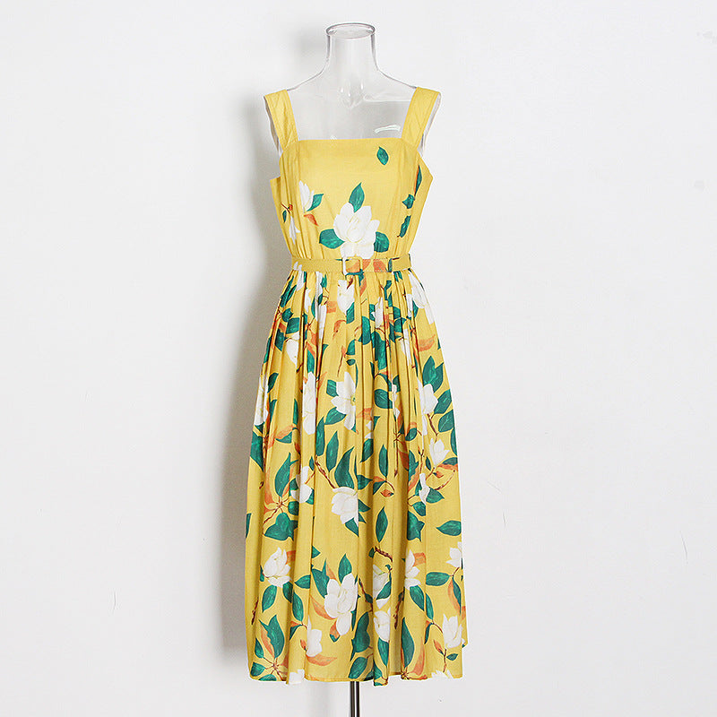 Nine Britton Dress Suspender Skirt Square Collar Belt Waist-Tight Flower Print